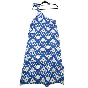 Nimo With Love Water Lilly Ikat Blue 100% Linen Maxi One-Shoulder Dress - Sz S